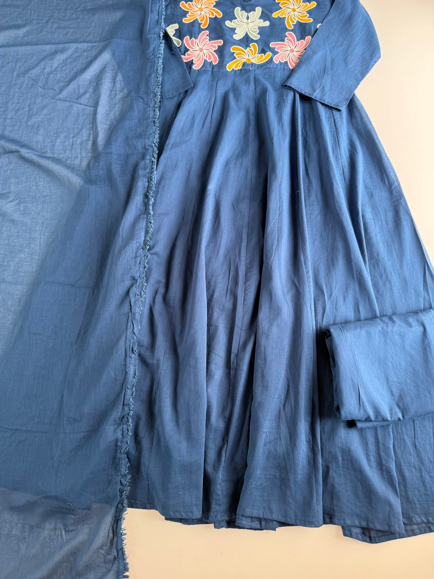 K678 - Mul cotton embroidered Anarkali with pants and dupatta