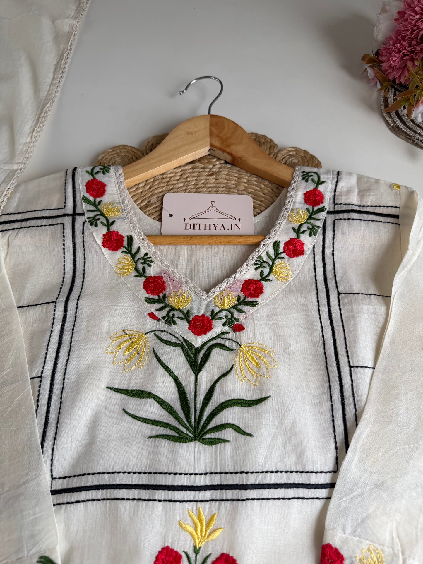 K670 - Mul cotton embroidered straight Kurti with pants and dupatta