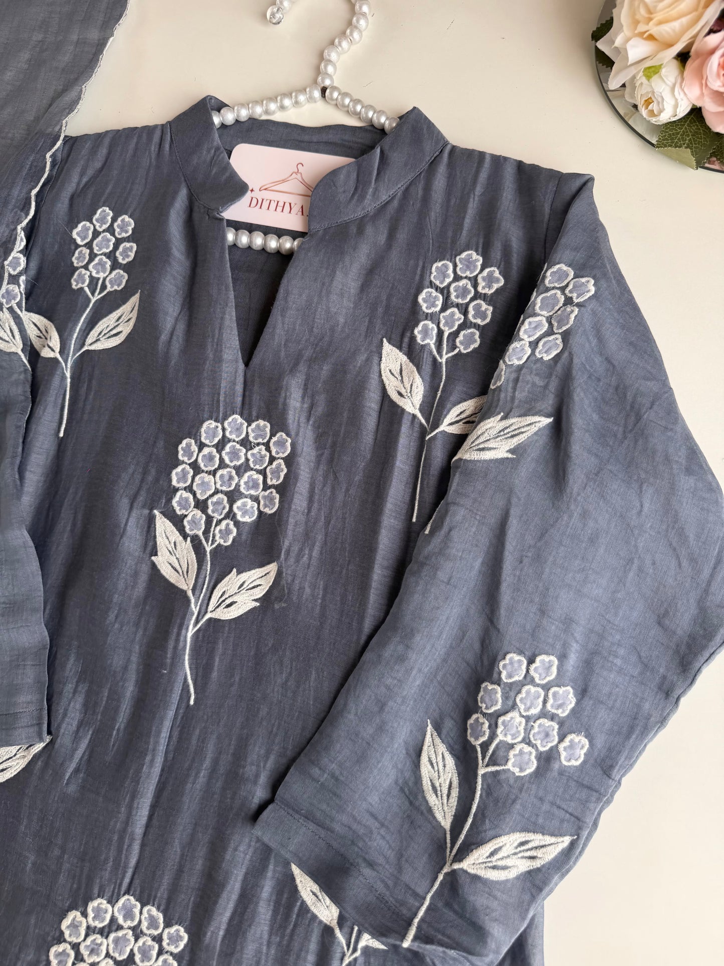 K336 - Mul chanderi appliqué embroidered Aline Kurti with pants and dupatta