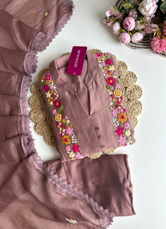 K350 - Mul Chanderi embroidered Aline Kurti with pants and dupatta