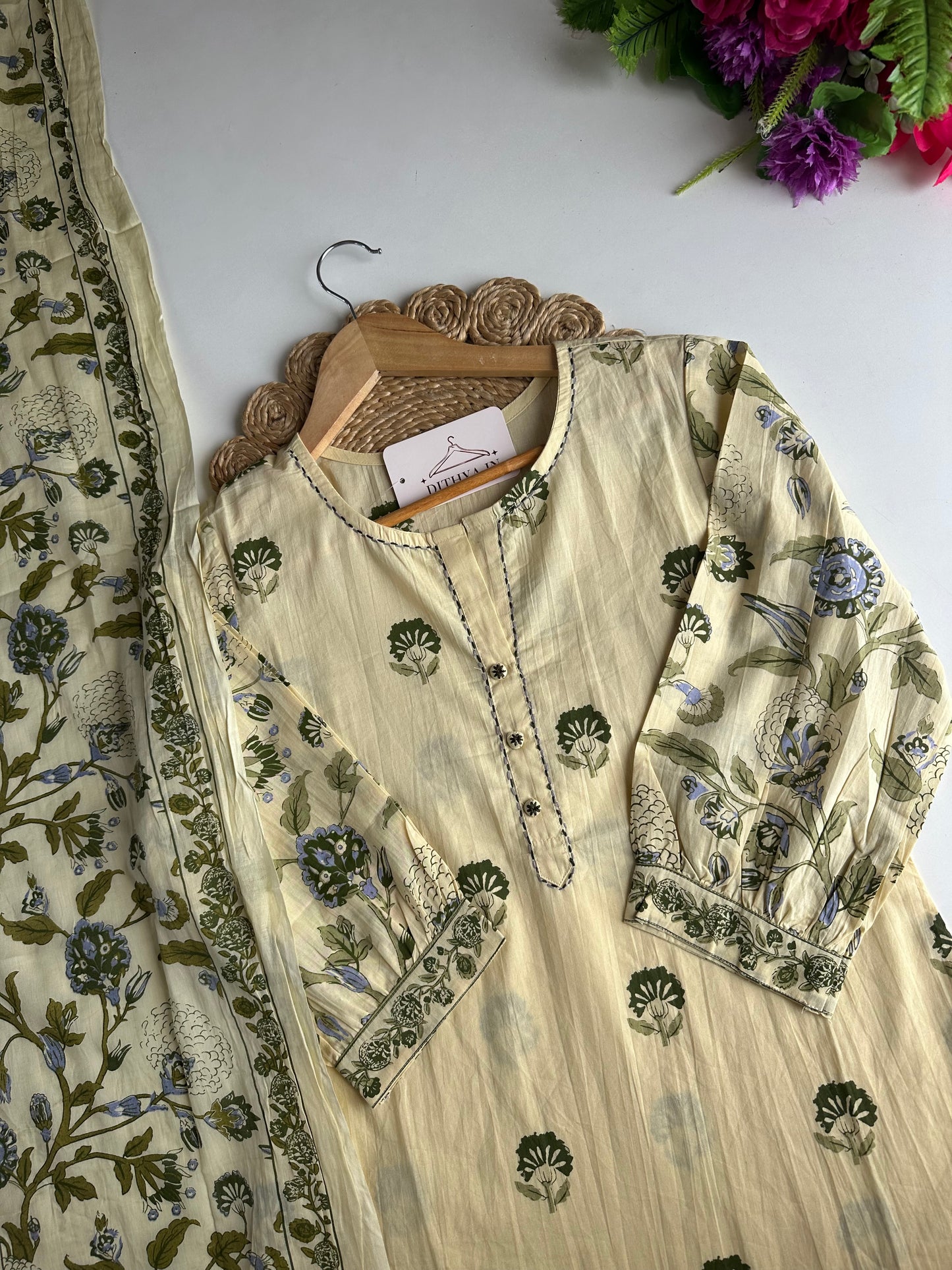 K666 - Mul cotton embroidered straight Kurti with pants and dupatta