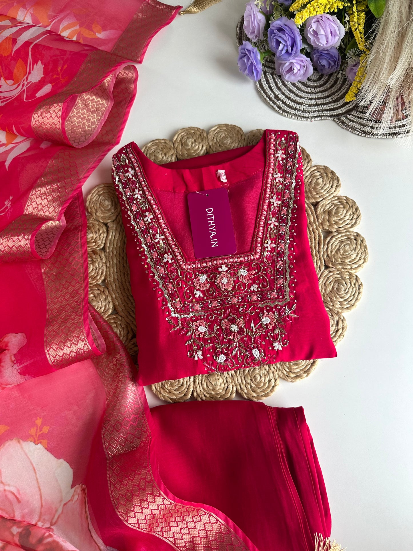 K110 - Roman silk handwork straight Kurti with pants and dupatta