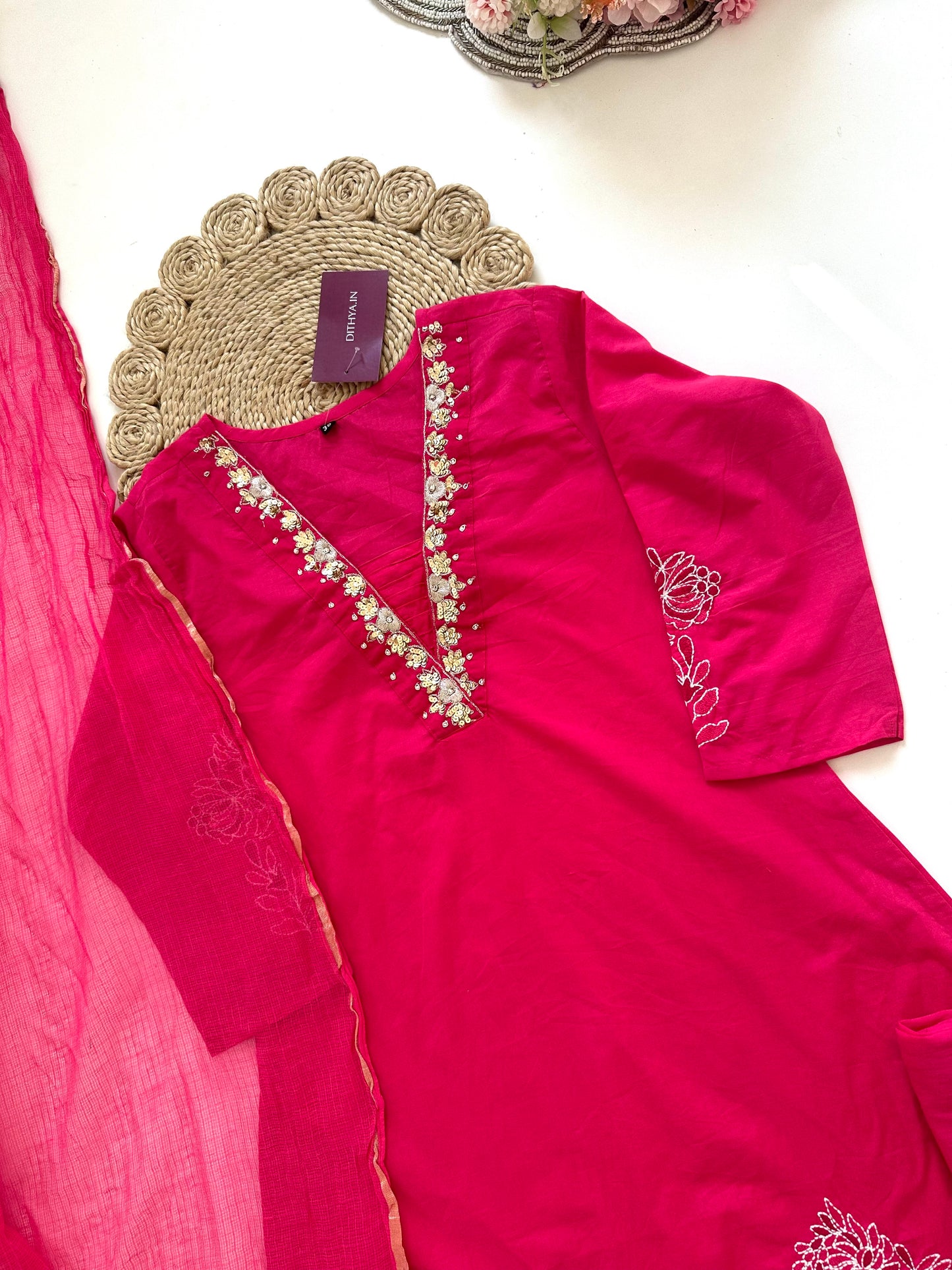 K433 - Mul cotton handwork Aline Kurti with pants and dupatta