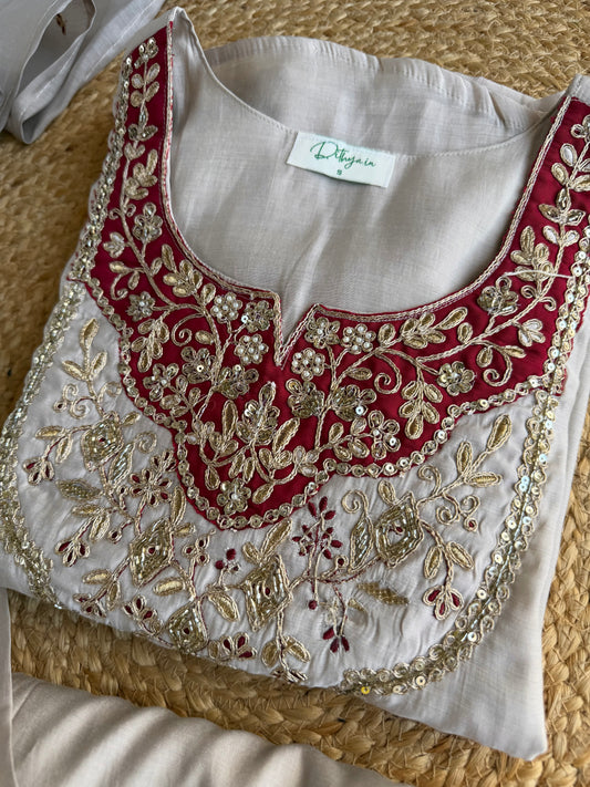 K090 - Surat Mul chanderi handwork aline Kurti with pants and dupatta