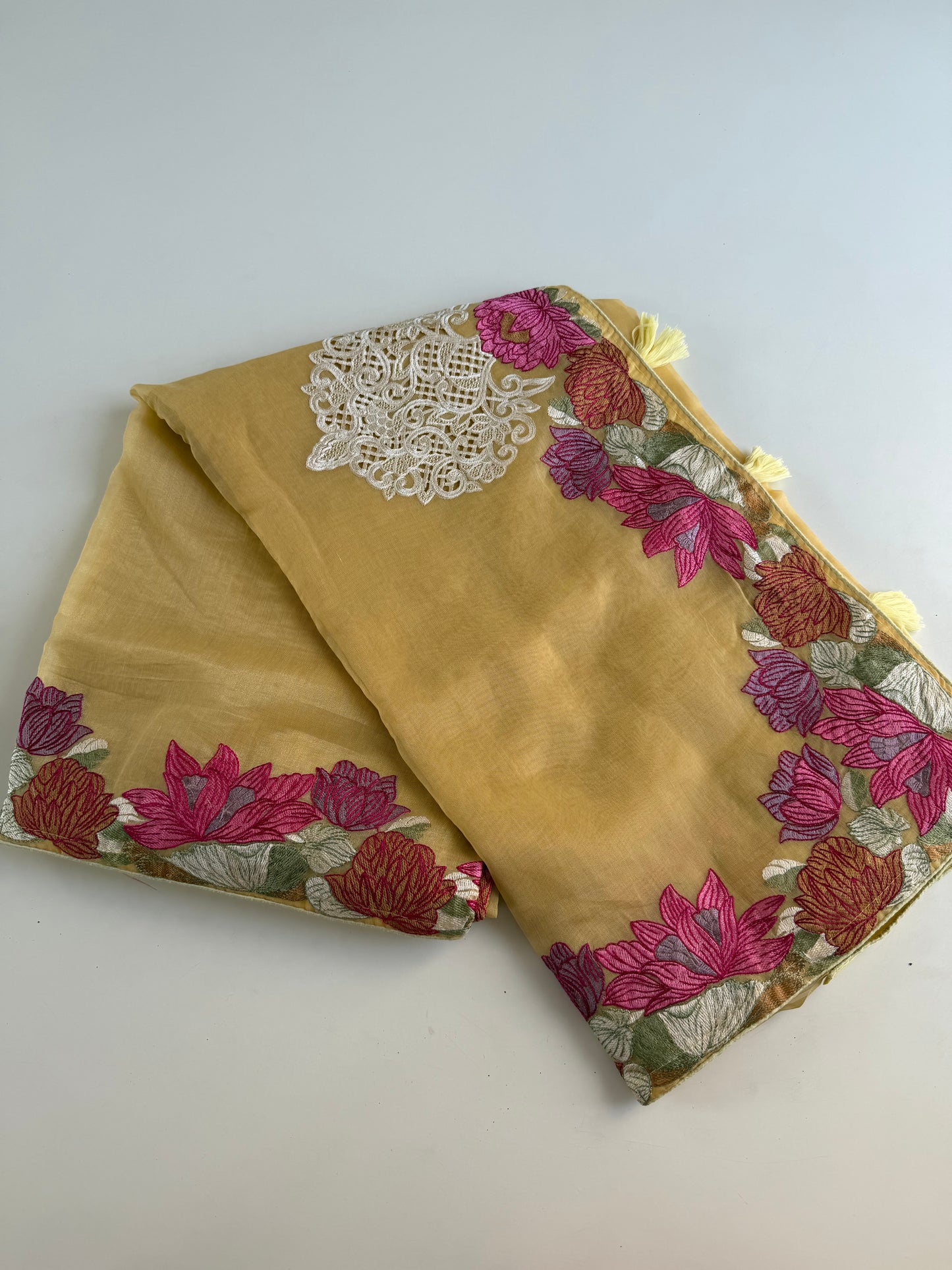 S020 - Soft organza appliqué embroidered saree in 3 colours