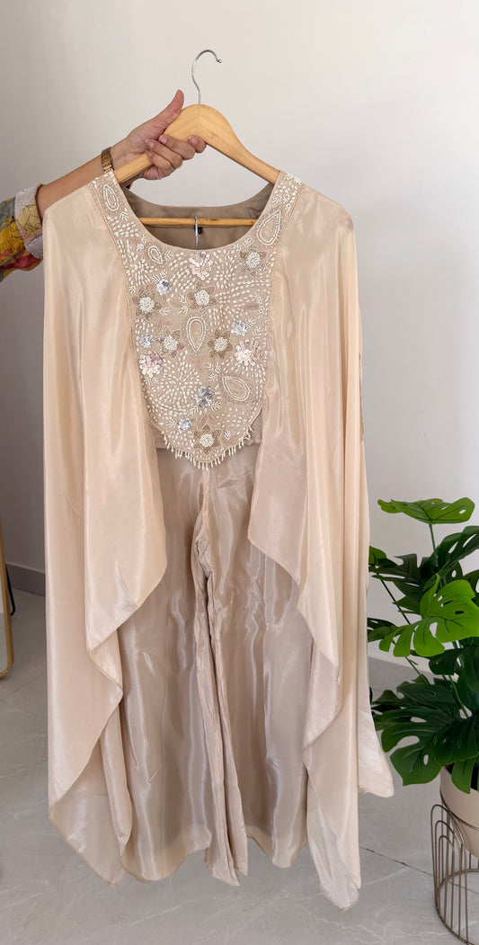 K042 - Pure crape handwork crop top with cape hands and divider pants