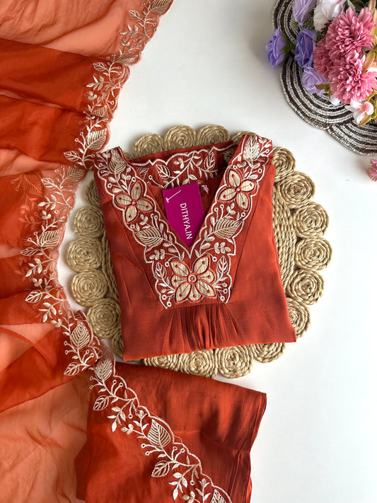K110 - Roman silk Embroidered straight kurti with pants and dupatta