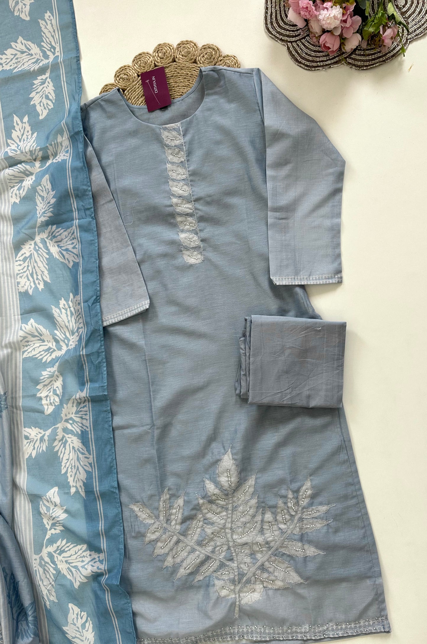 K220 - Linen cotton handwork straight Kurti with pants and  dupatta