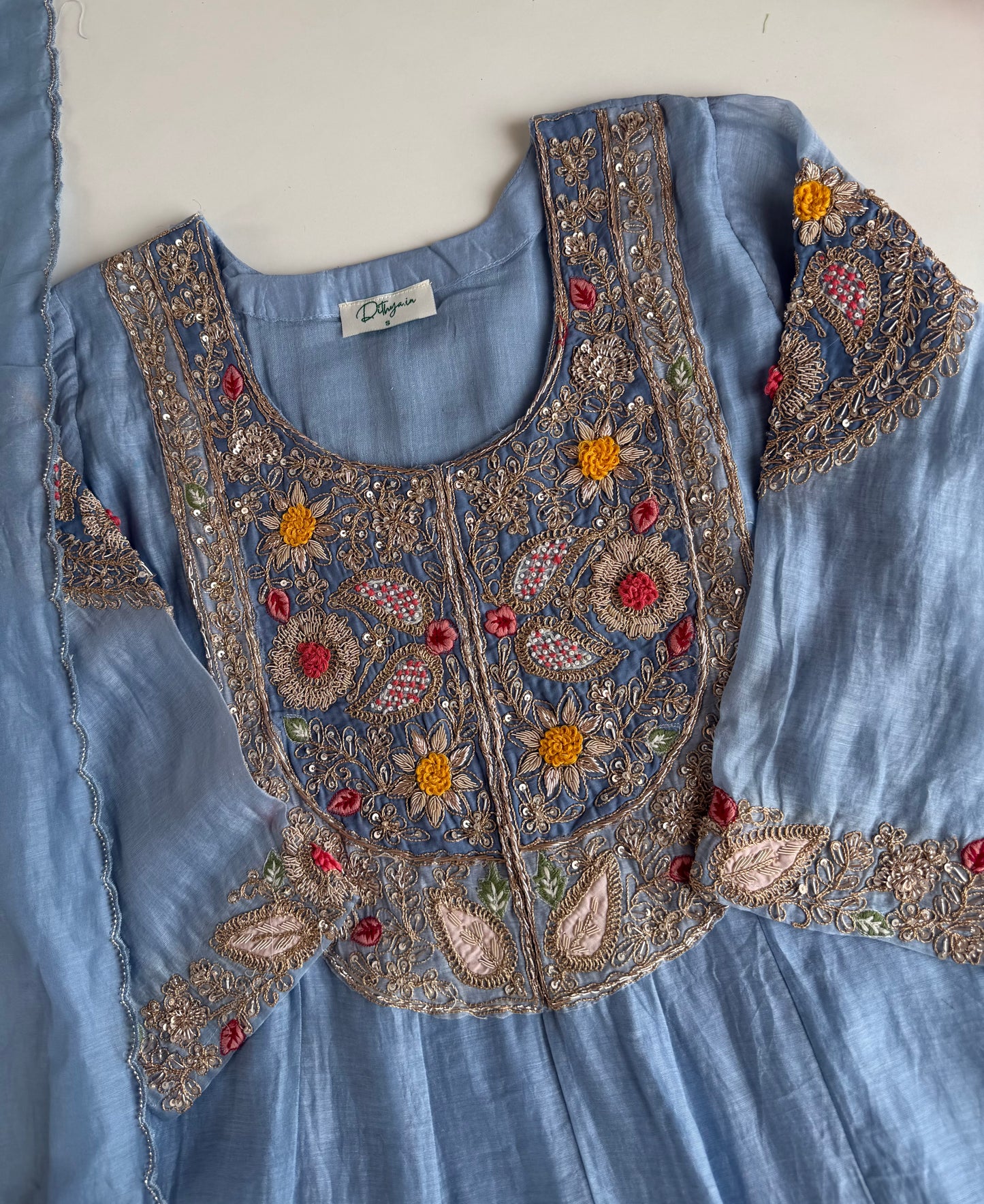 K424 - Mul chanderi heavy handwork Anarkali with pants and dupatta in 2 colours