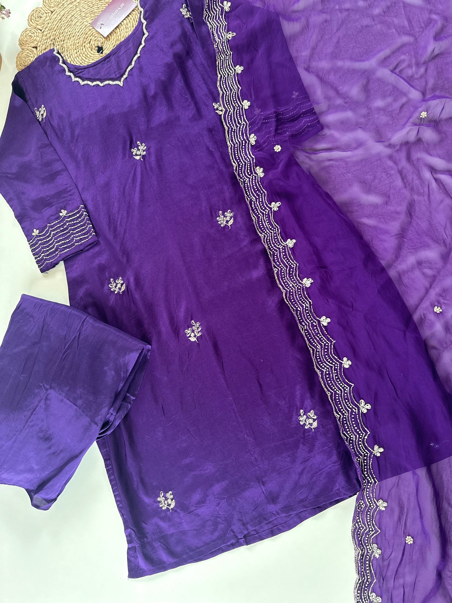 K131 - Russian silk handwork straight kurti with sharara and dupatta .