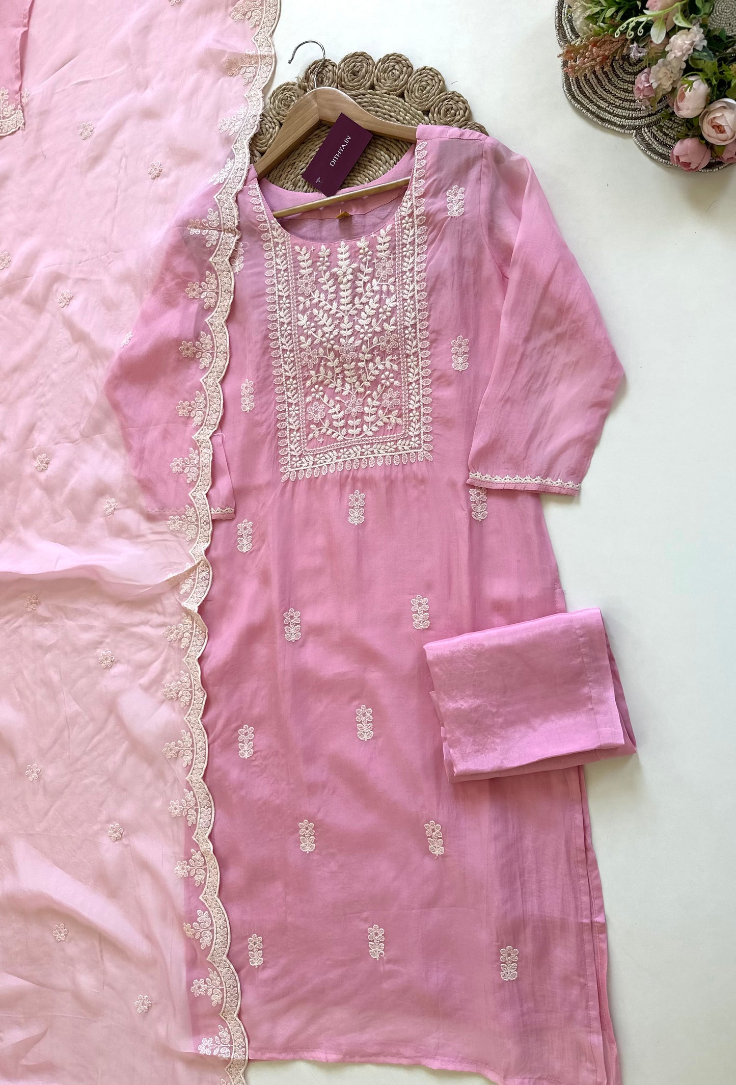 K350 - Mul cotton embroidered straight kurti with pants and dupatta.