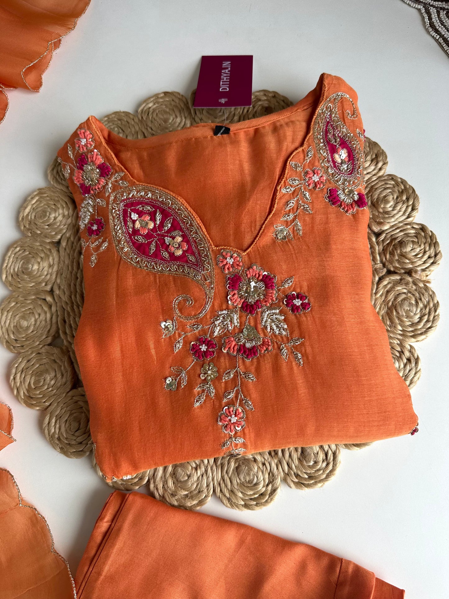 K005 - Mul Chanderi Handwork Aline Kurti with pants and dupatta in 2 colours