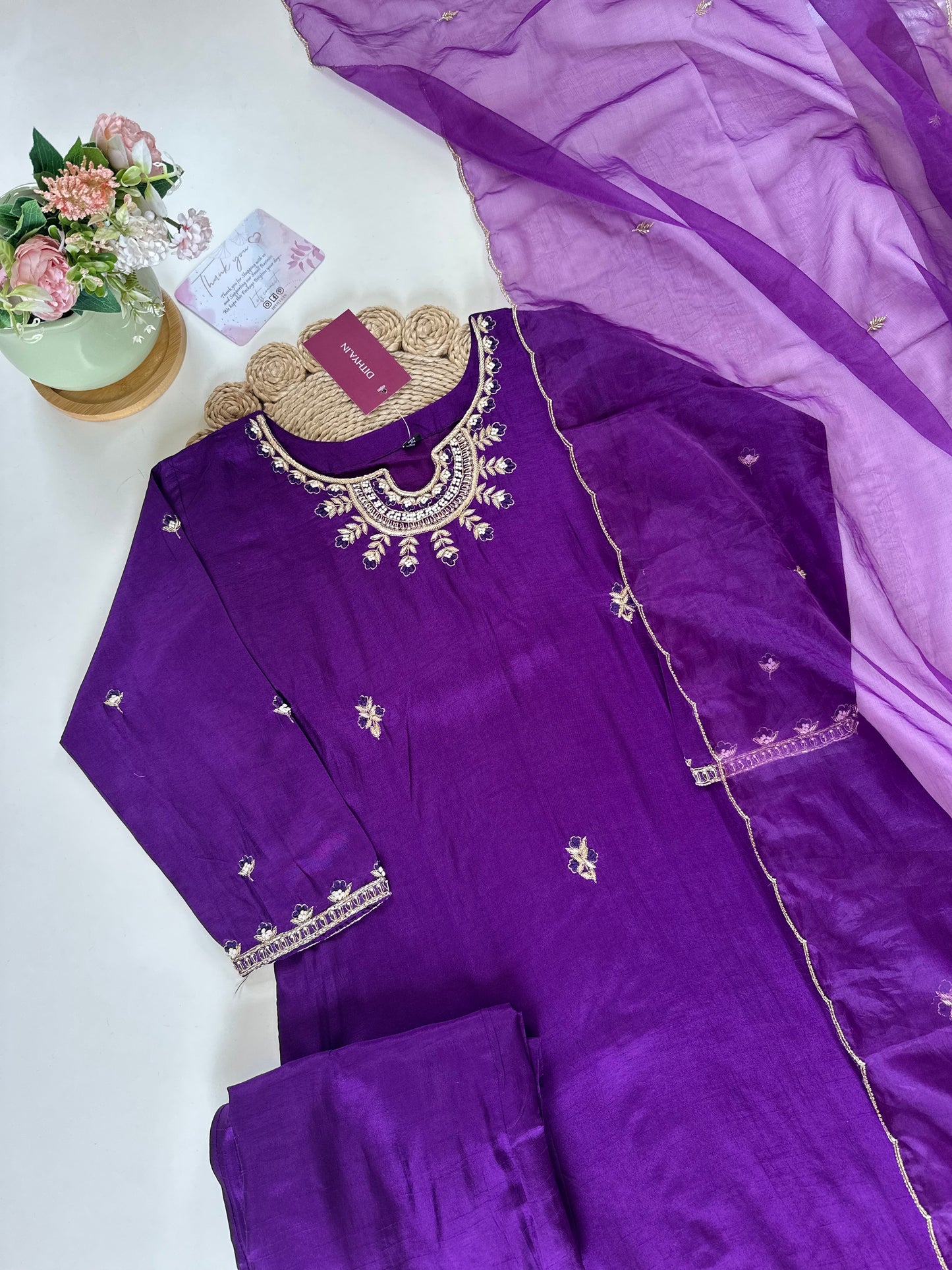 K293 - Dola silk Zardosi straight kurti with pants and organza scallop dupatta.