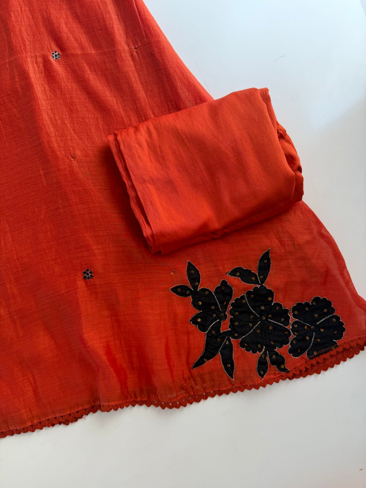 K391 - Mul chanderi handwork aline Kurti with pants and dupatta