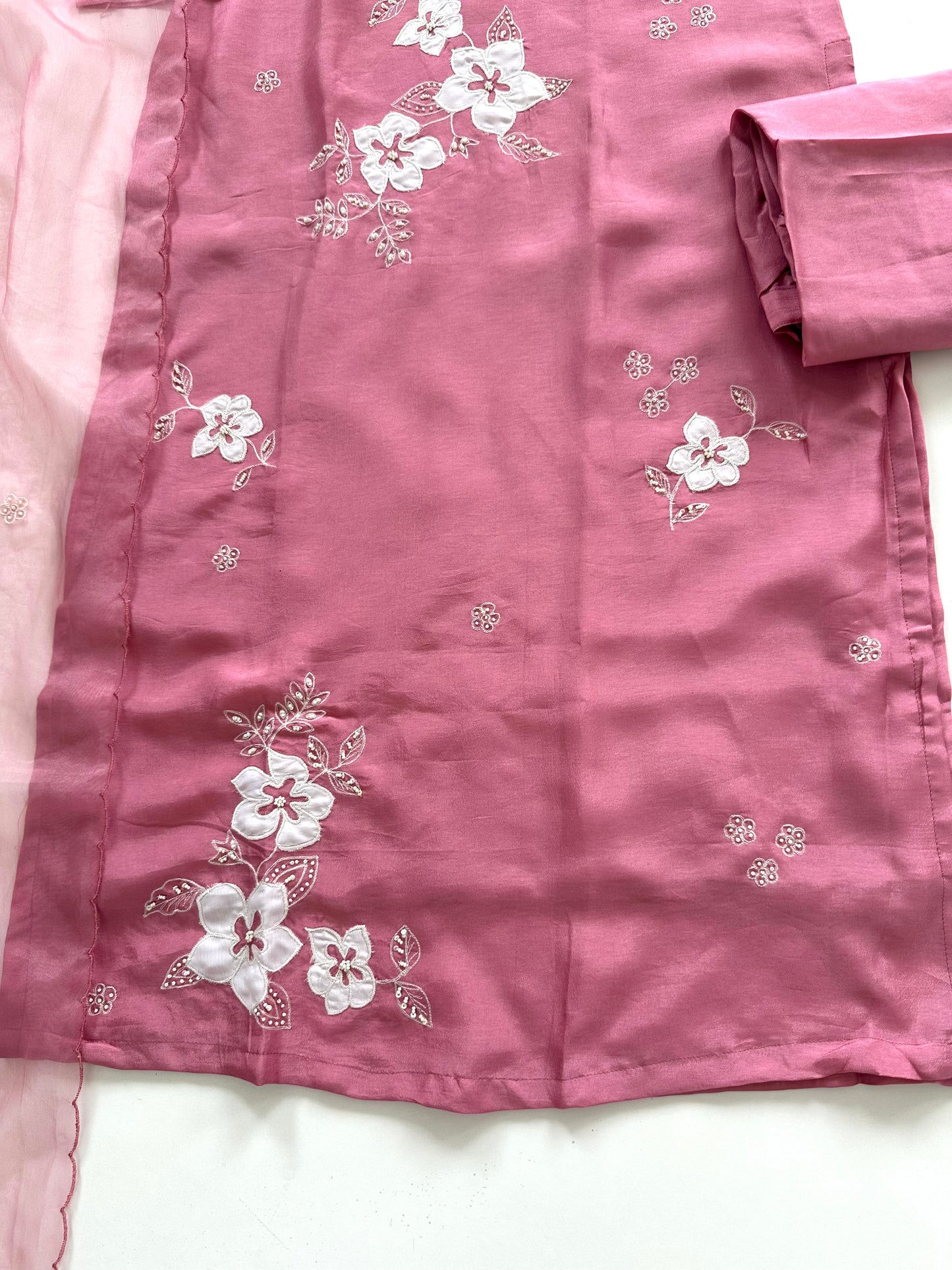 K085 - Russian silk appliqué work straight Kurti with pants and dupatta