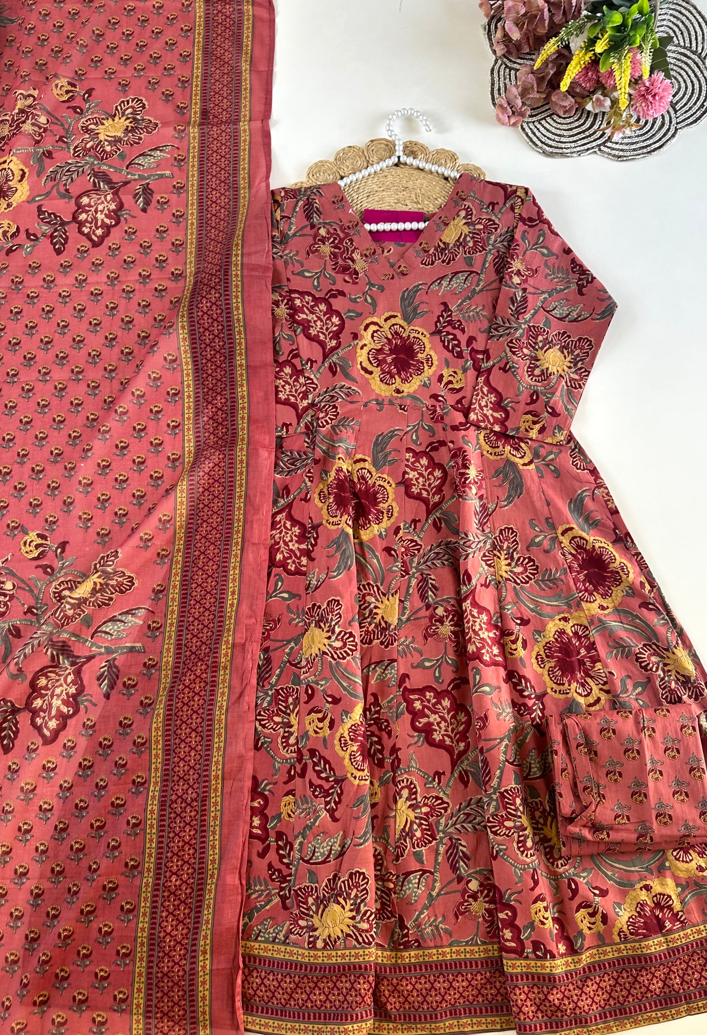 K698 - Mul cotton printed anarkali with pants and dupatta