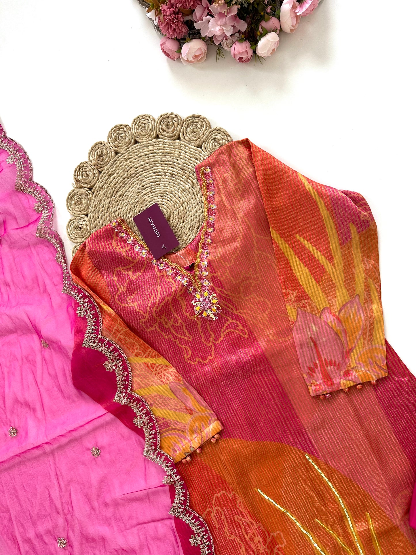 K221 - Tissue silk self weaving handwork straight Kurti with pants and dupatta in 2 prints