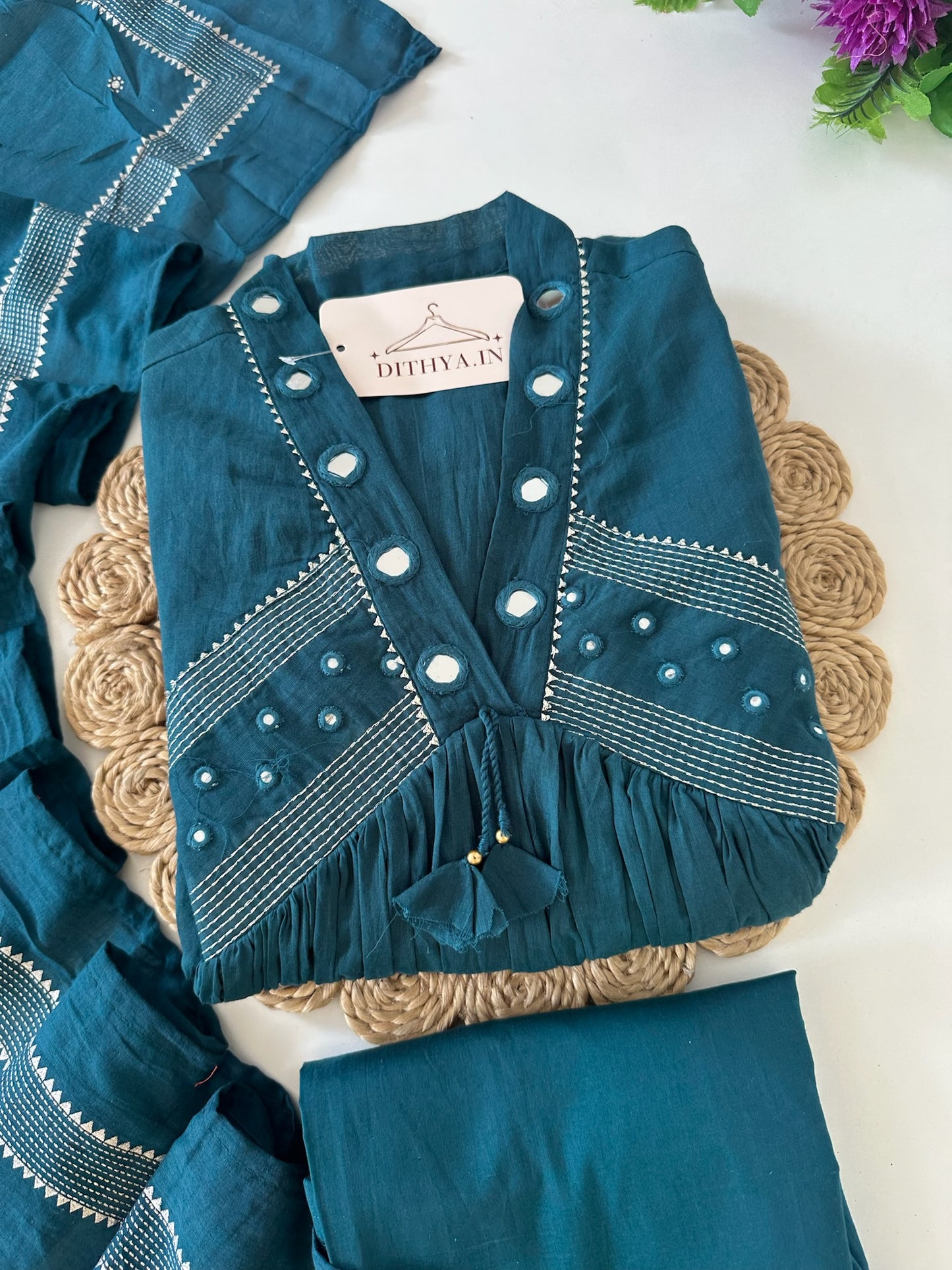 K387 - Mul cotton mirror work Anarkali with pants and dupatta