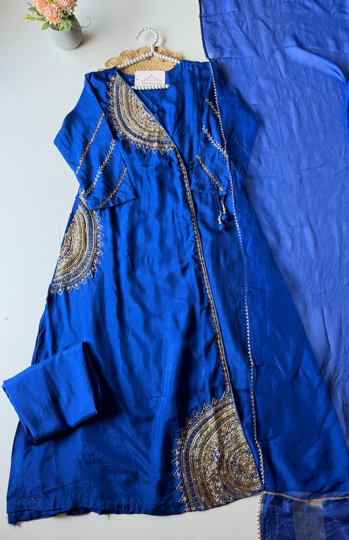 K206 - Russian silk handwork Angrakha Aline Kurti with pants and dupatta