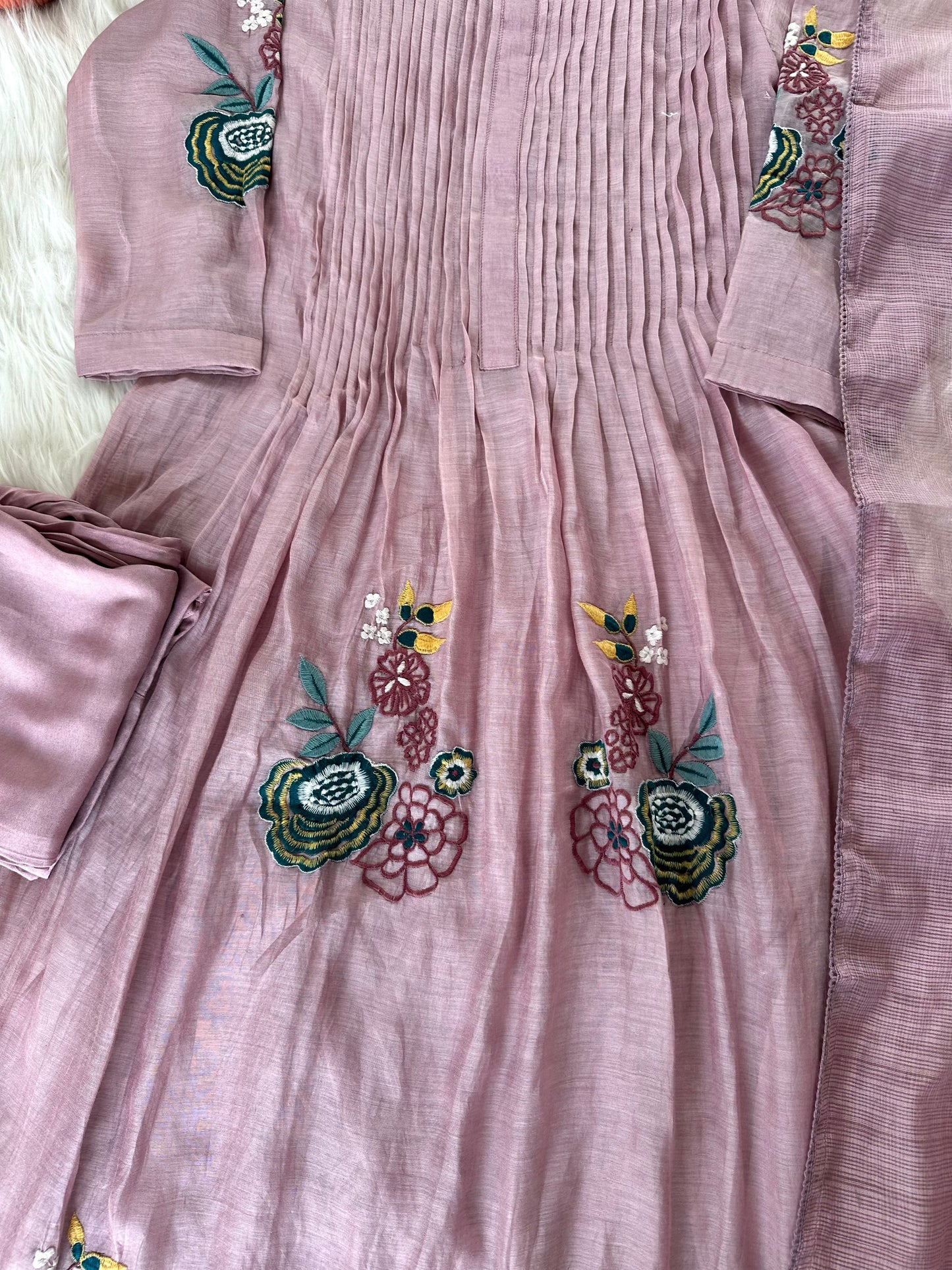 K294 - Mul Chanderi Appliqué work Aline Kurti with pants and dupatta in 2 colours