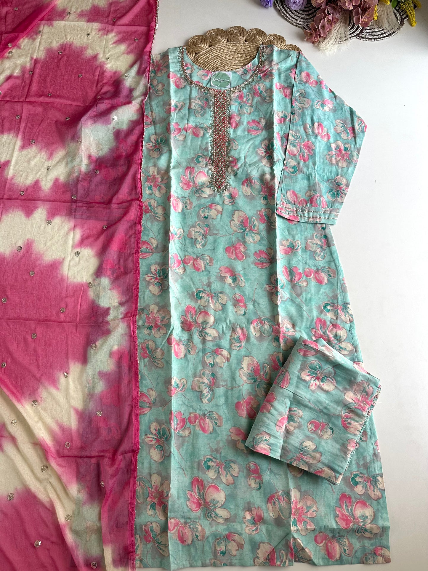 D329- Roman silk straight kurti with pants and dupatta