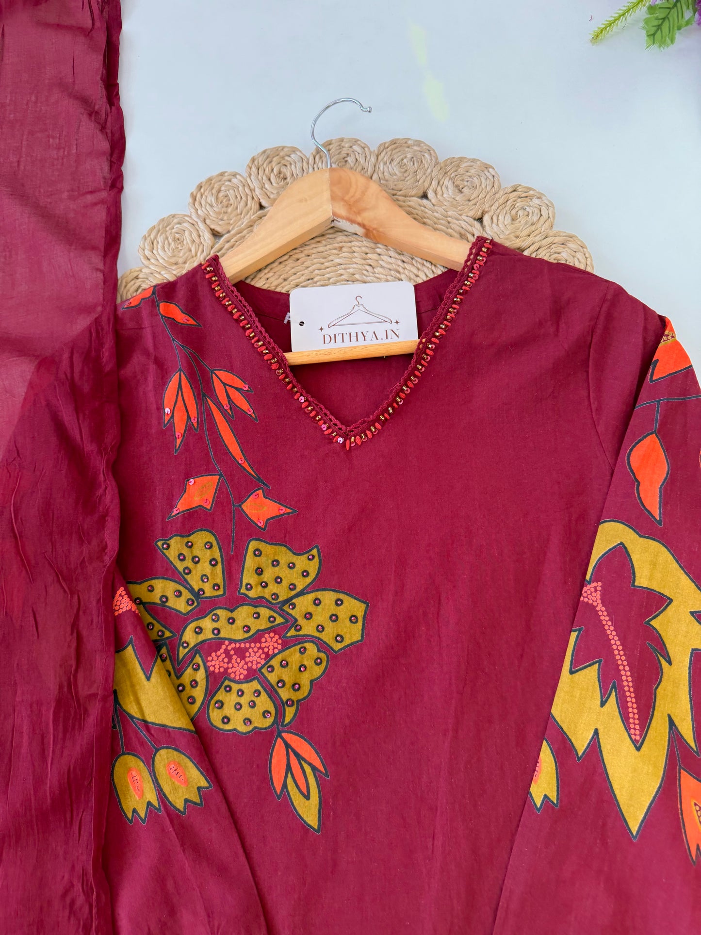 K626 - Mul cotton embroidered straight Kurti with pants and dupatta