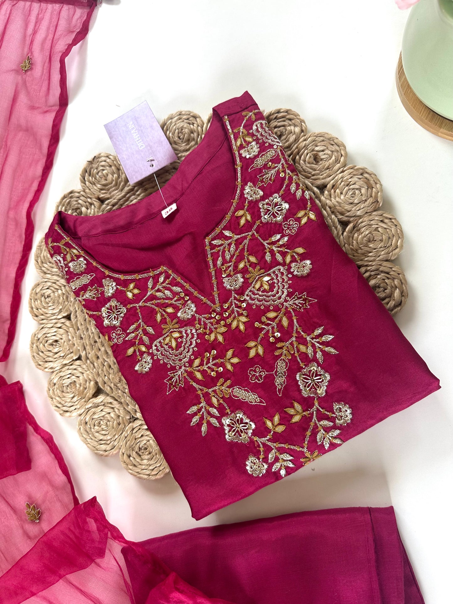 K068 - Mul Chanderi Handwork straight kurti with straight pants and dupatta .