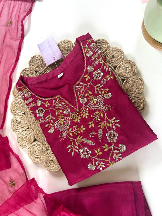 K068 - Mul Chanderi Handwork straight kurti with straight pants and dupatta