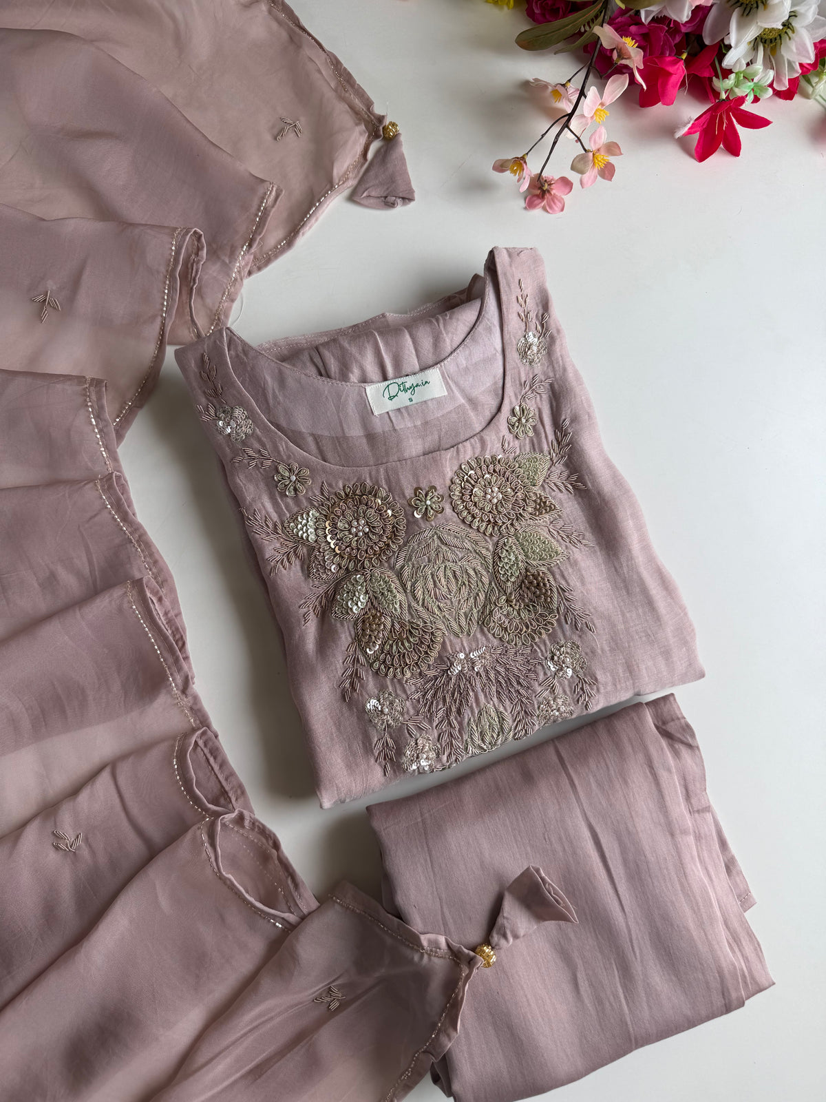 K479 - Mul chanderi handwork aline Kurti with pants and dupatta