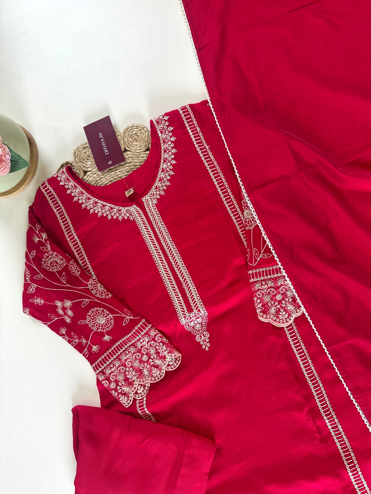 K217 - Dola silk Embroidered straight kurti with pants and dupatta .