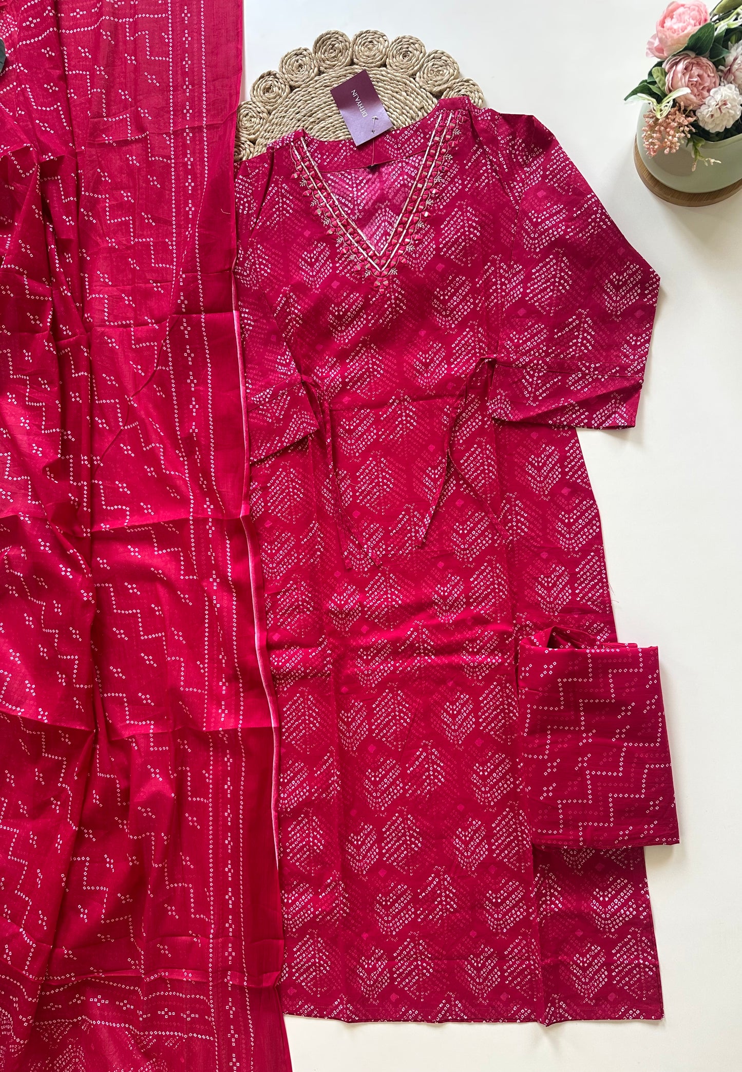 K090 - Cotton printed straight kurti with pants and dupatta.