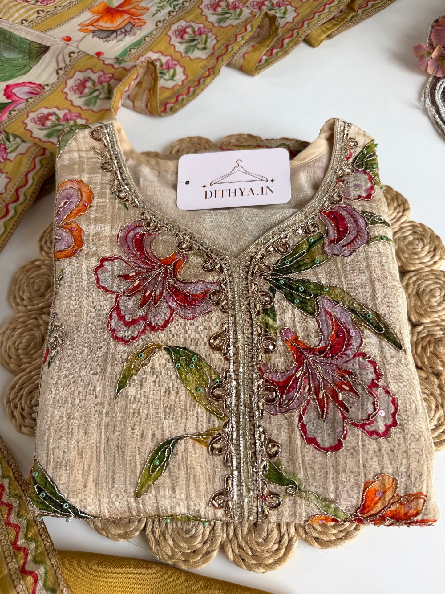 K645-Crush tissue silk handwork Aline Kurti with pants and dupatta