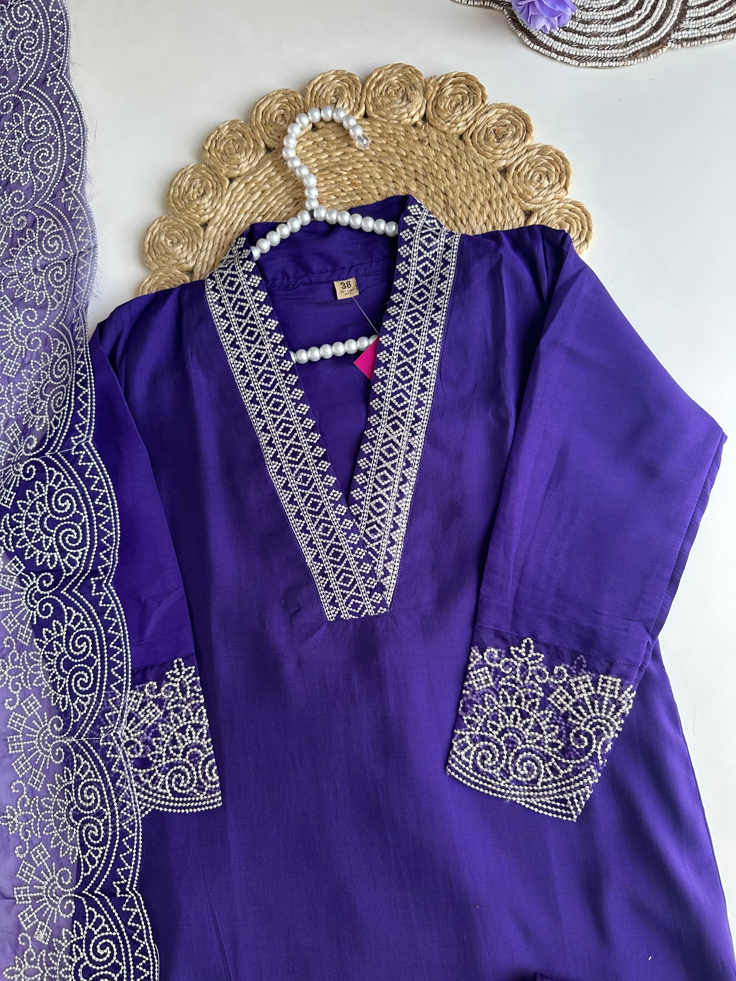 K100 - Roman silk Embroidered straight kurti with pants and dupatta