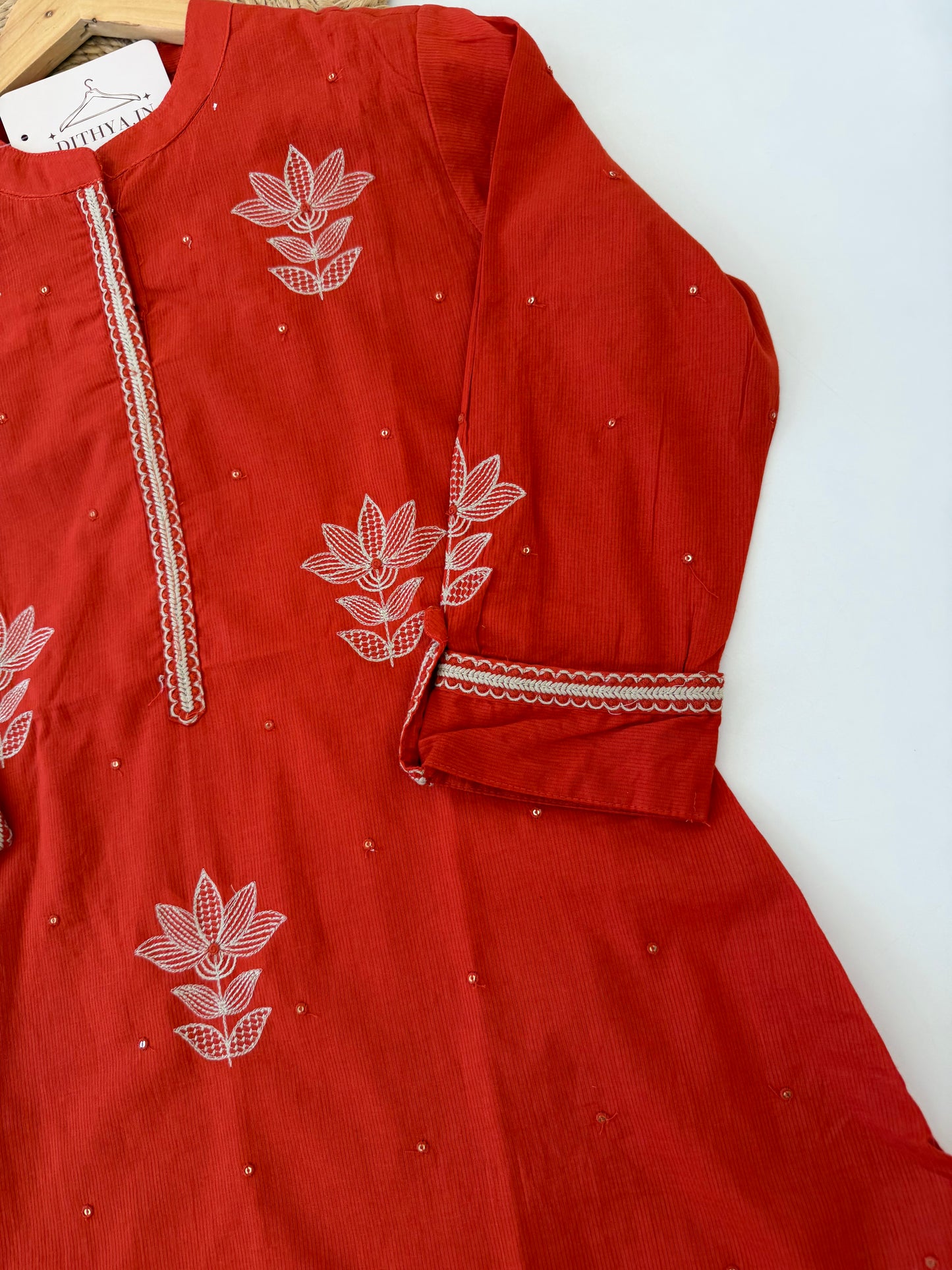K608 - Mul cotton embroidered Aline Kurti with pants and dupatta