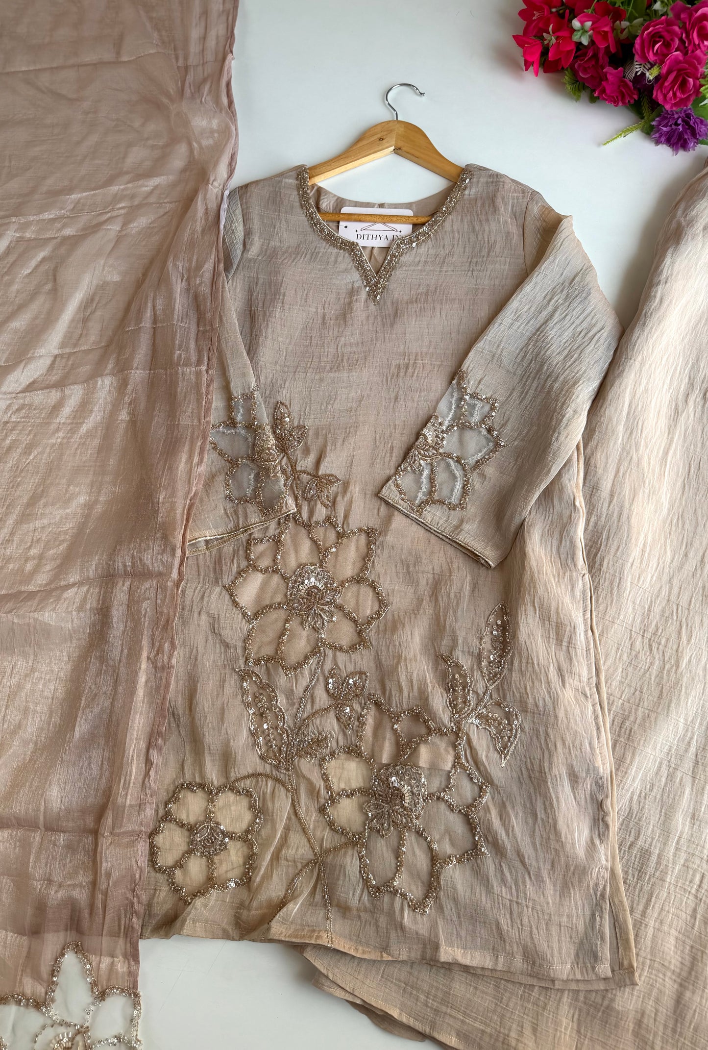 K344 - Tissue silk handwork short Kurti with divider pants and dupatta