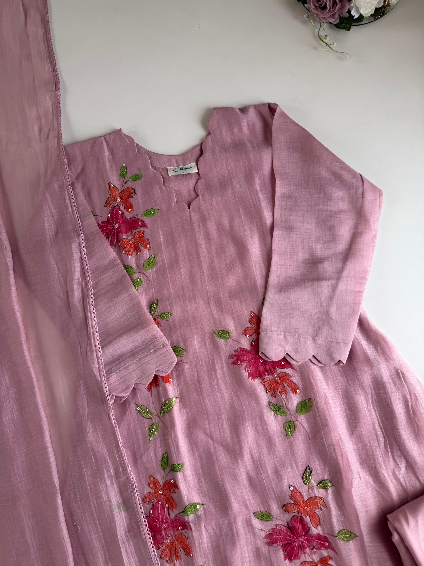 K355 - Mul Chanderi hand painted embroidered Aline Kurti with pants and dupatta in 3 colours