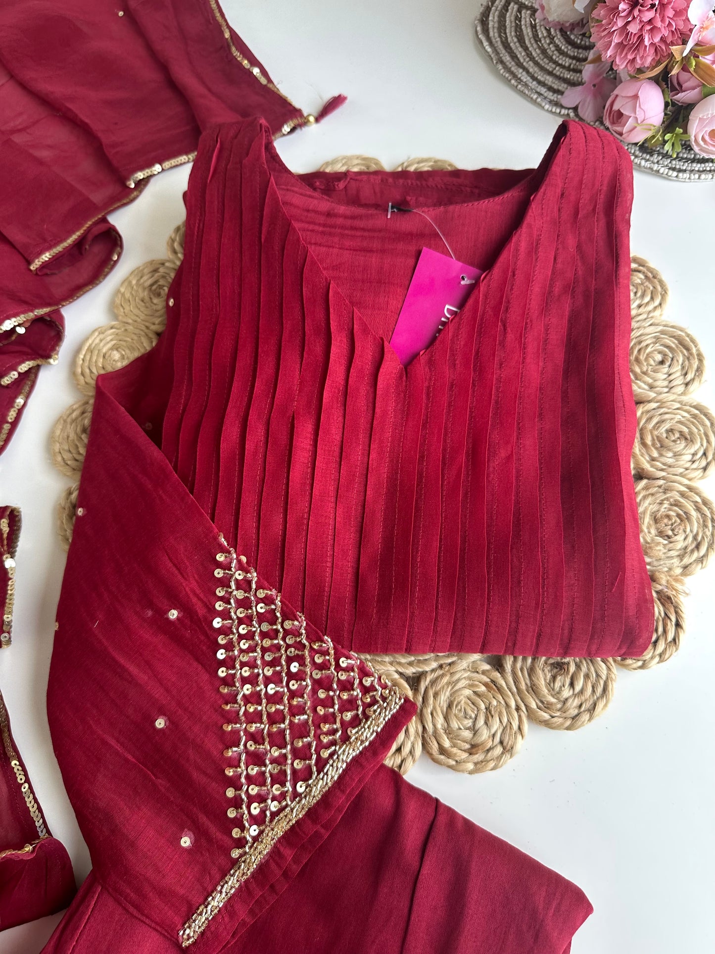 K395 - Mul Chanderi Handwork Aline Kurti with pants and dupatta