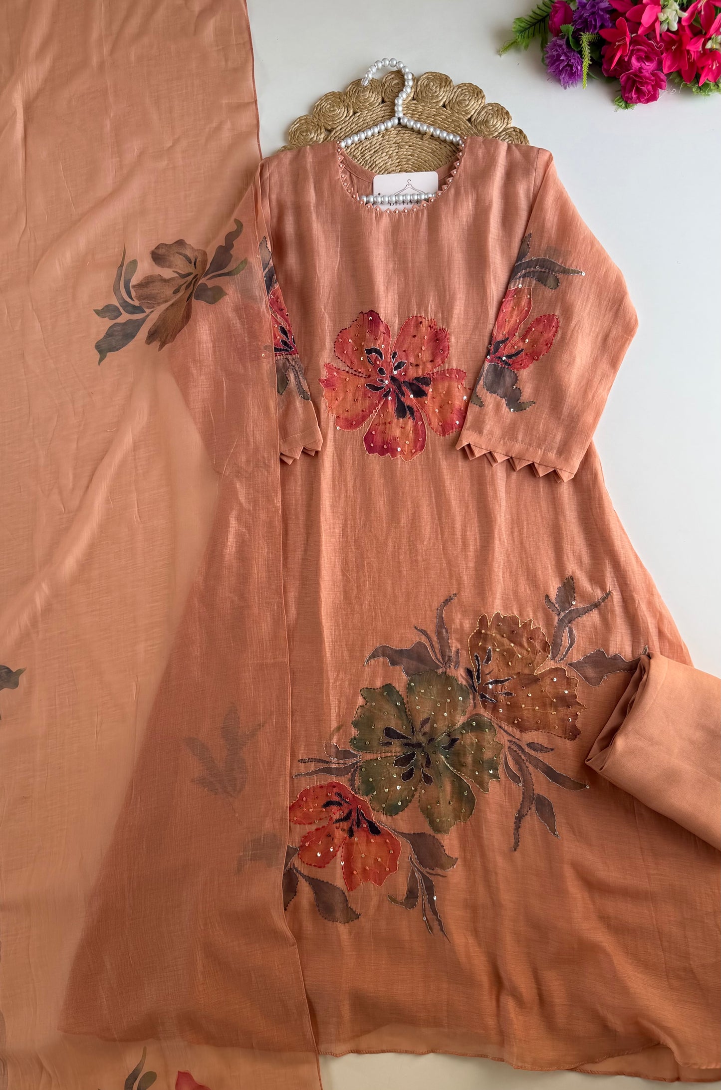 K639 - Mul chanderi embroidered Aline Kurti with pants and dupatta