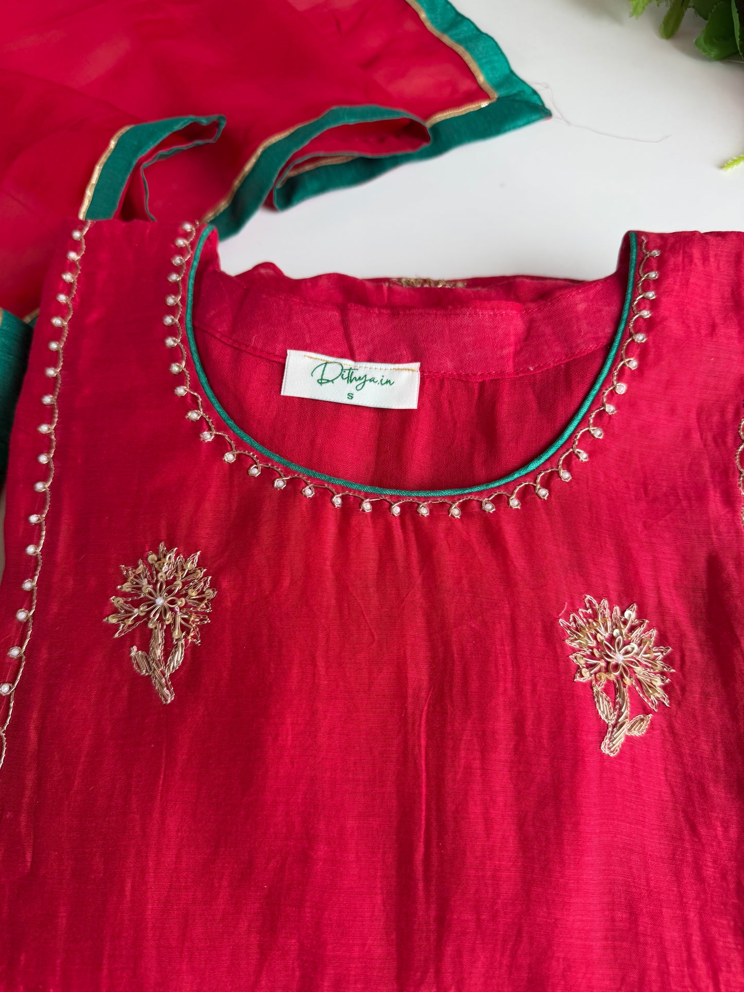 K050 - Mul chanderi handwork aline Kurti with pants and dupatta