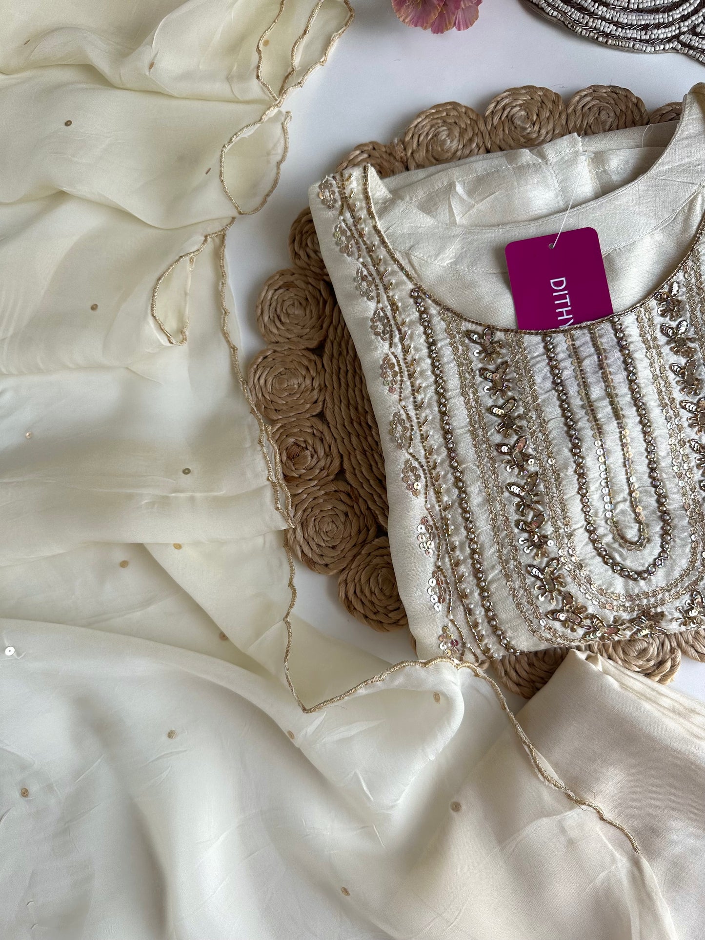 K188 - Russian silk handwork straight Kurti with pants and dupatta in 2 colours