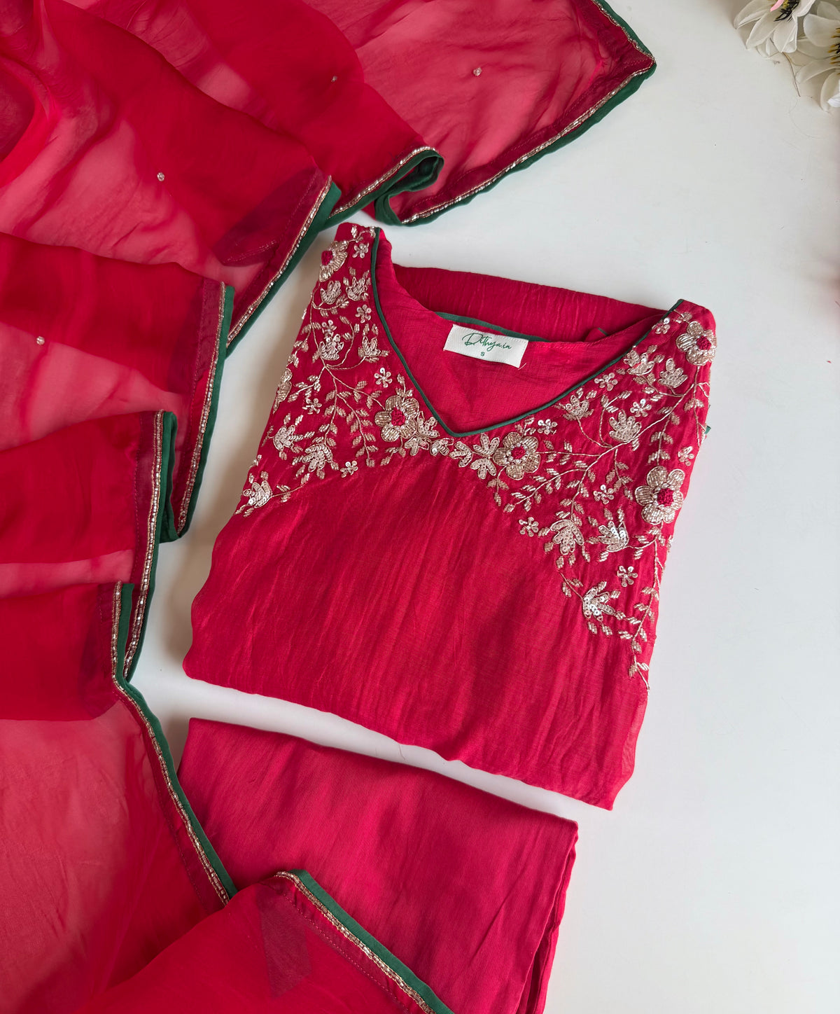 K601 -Mul chanderi handwork Aline Kurti with pants and dupatta