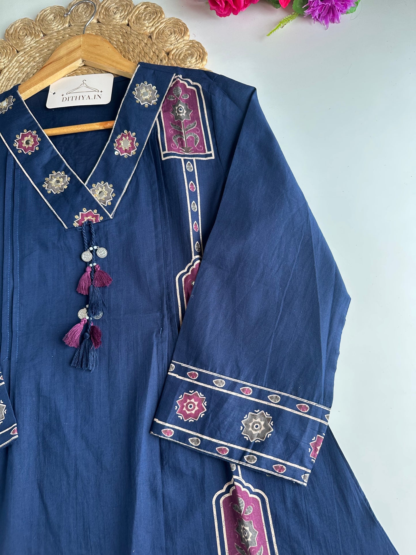 K716 - Mul cotton embroidered Aline Kurti with pants and dupatta