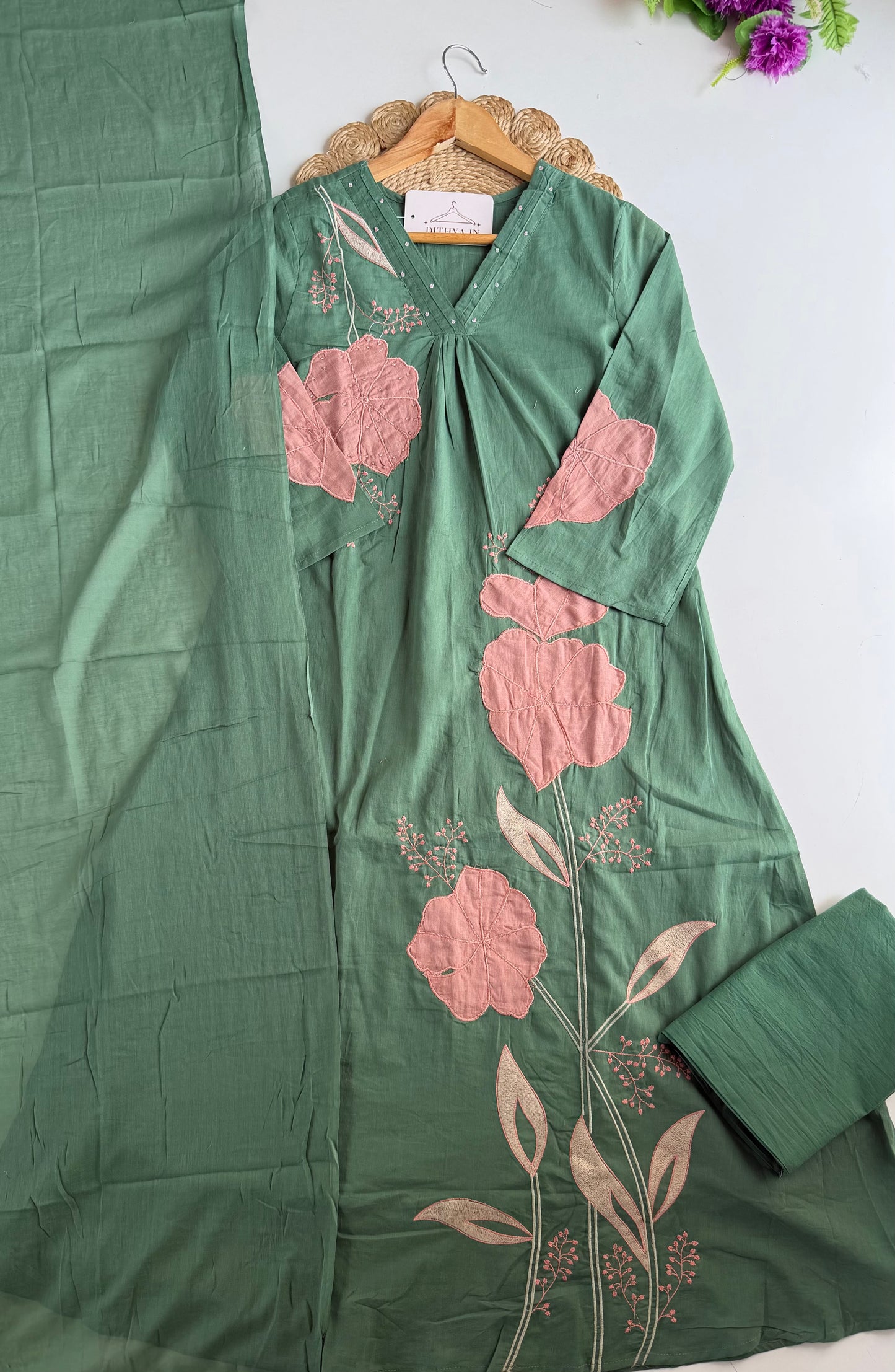 K372 - Mul cotton embroidered Aline Kurti with pants and dupatta