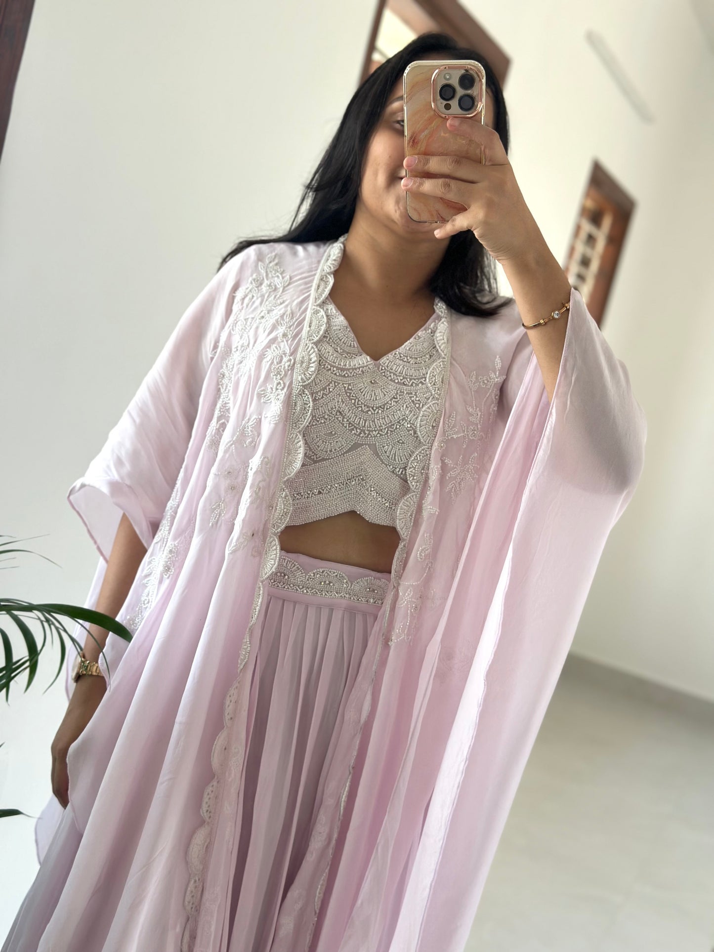 K096 - Pure soft organza handwork Cape with crop top and skirt .