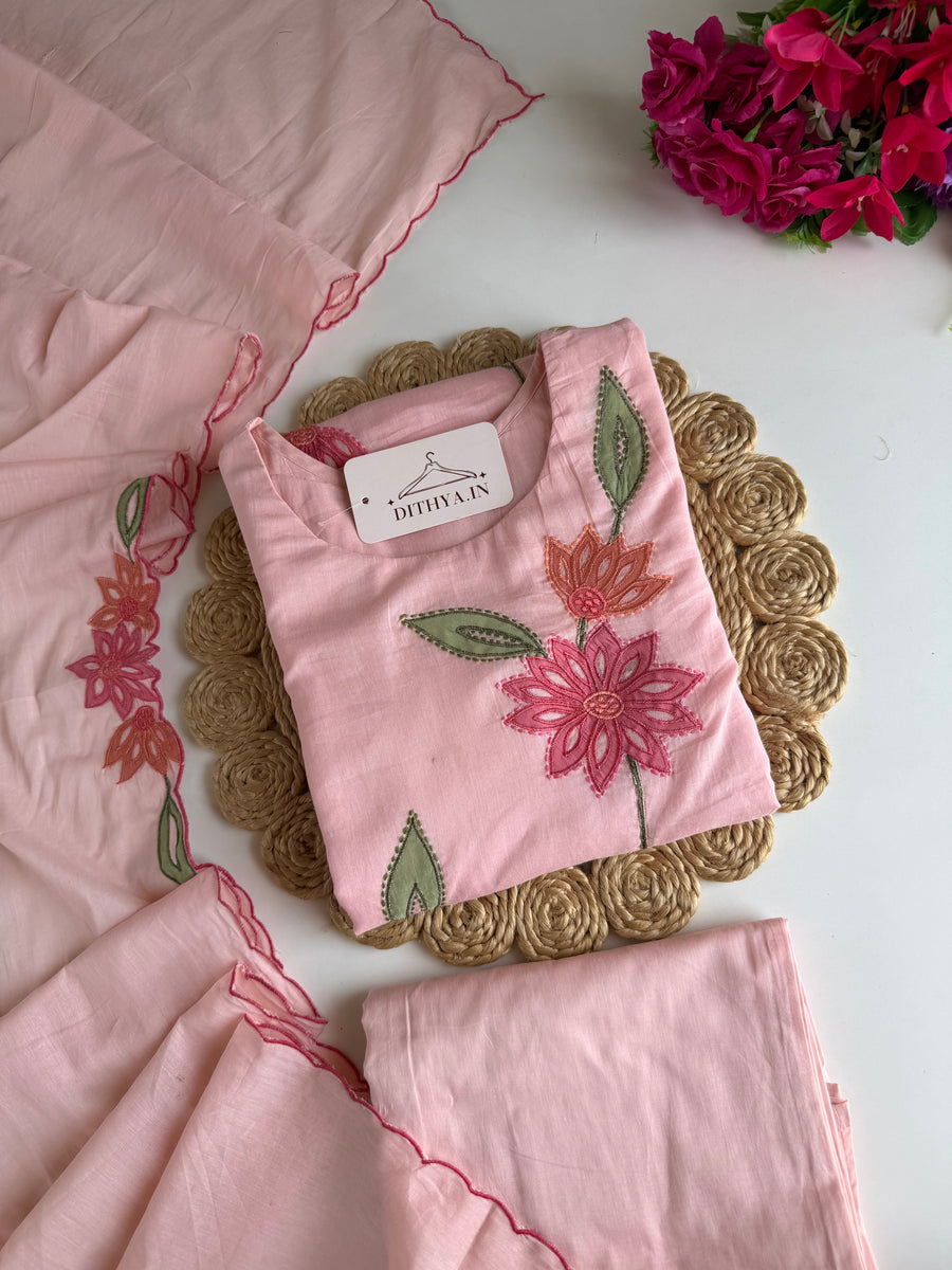K732 - Mul cotton appliqué embroidered straight Kurti with pants and dupatta