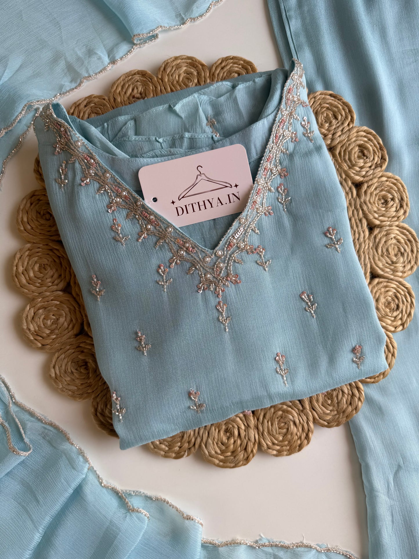 K690 - Pure Chinnon handwork aline Kurti with pants and dupatta