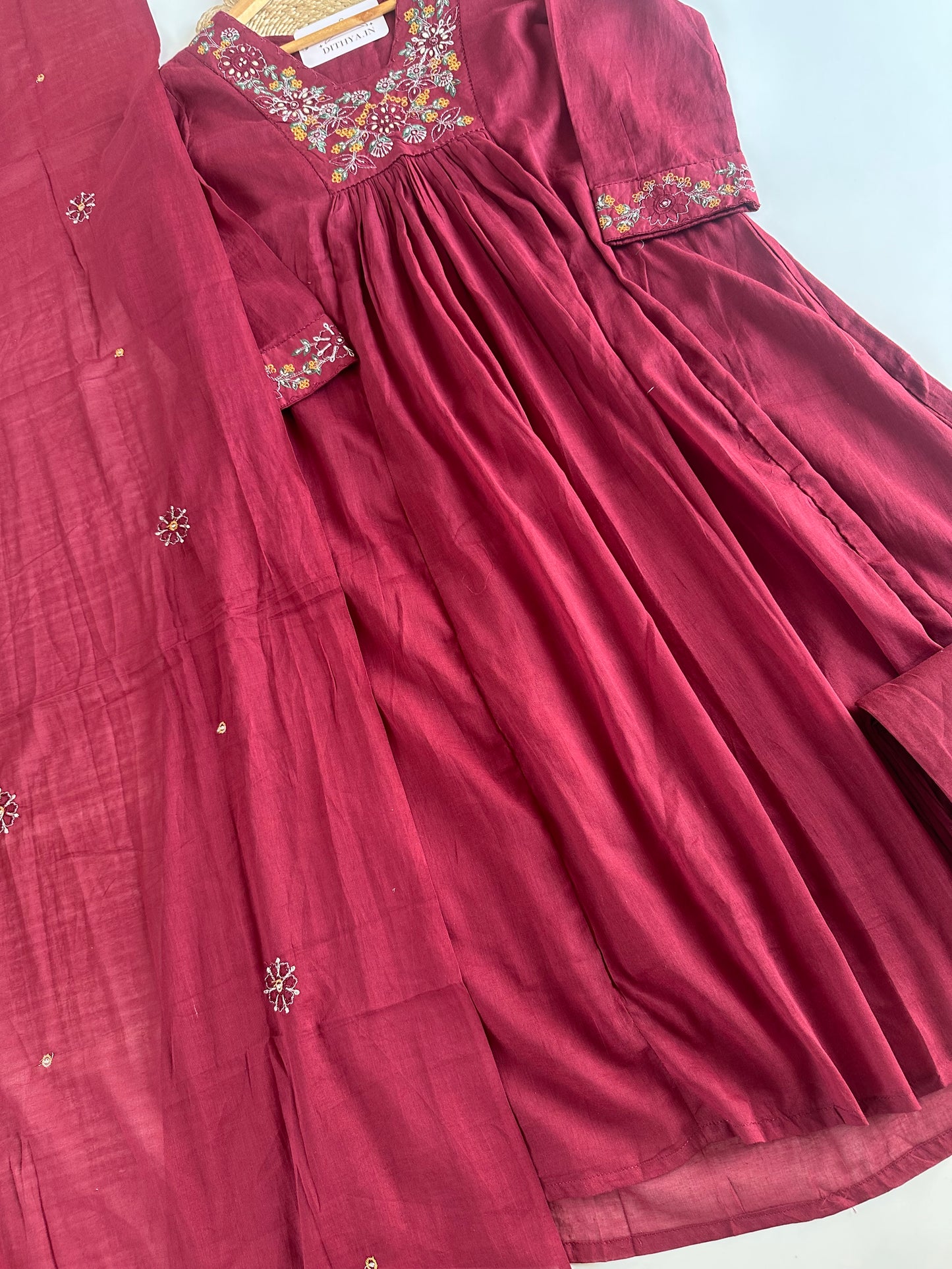 K395 - Mul cotton embroidered Anarkali with pants and dupatta