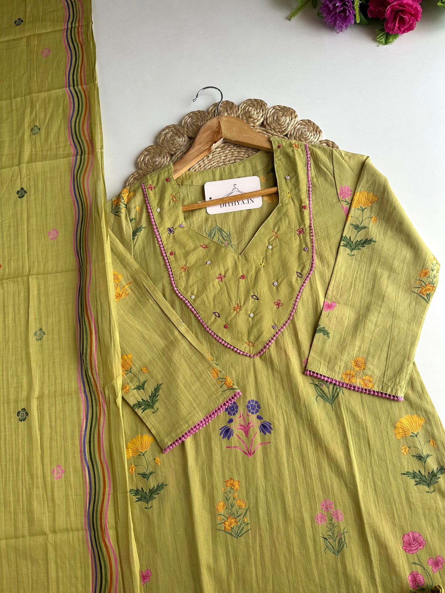 K270 - Mul cotton embroidered straight Kurti with pants and dupatta