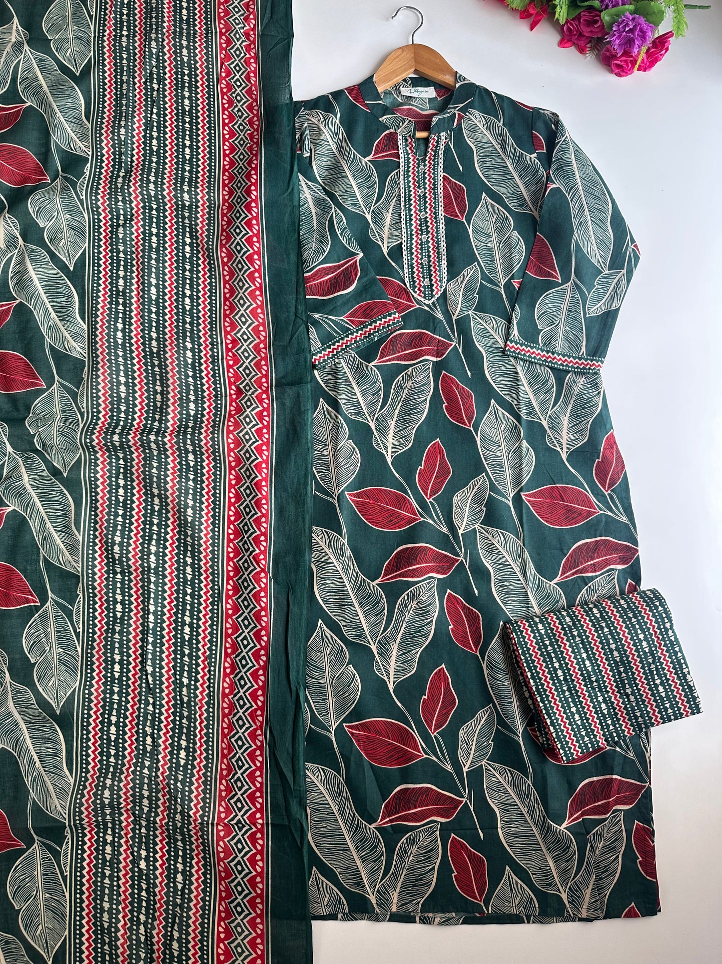 K472 - Mul cotton embroidered straight Kurti with pants and dupatta