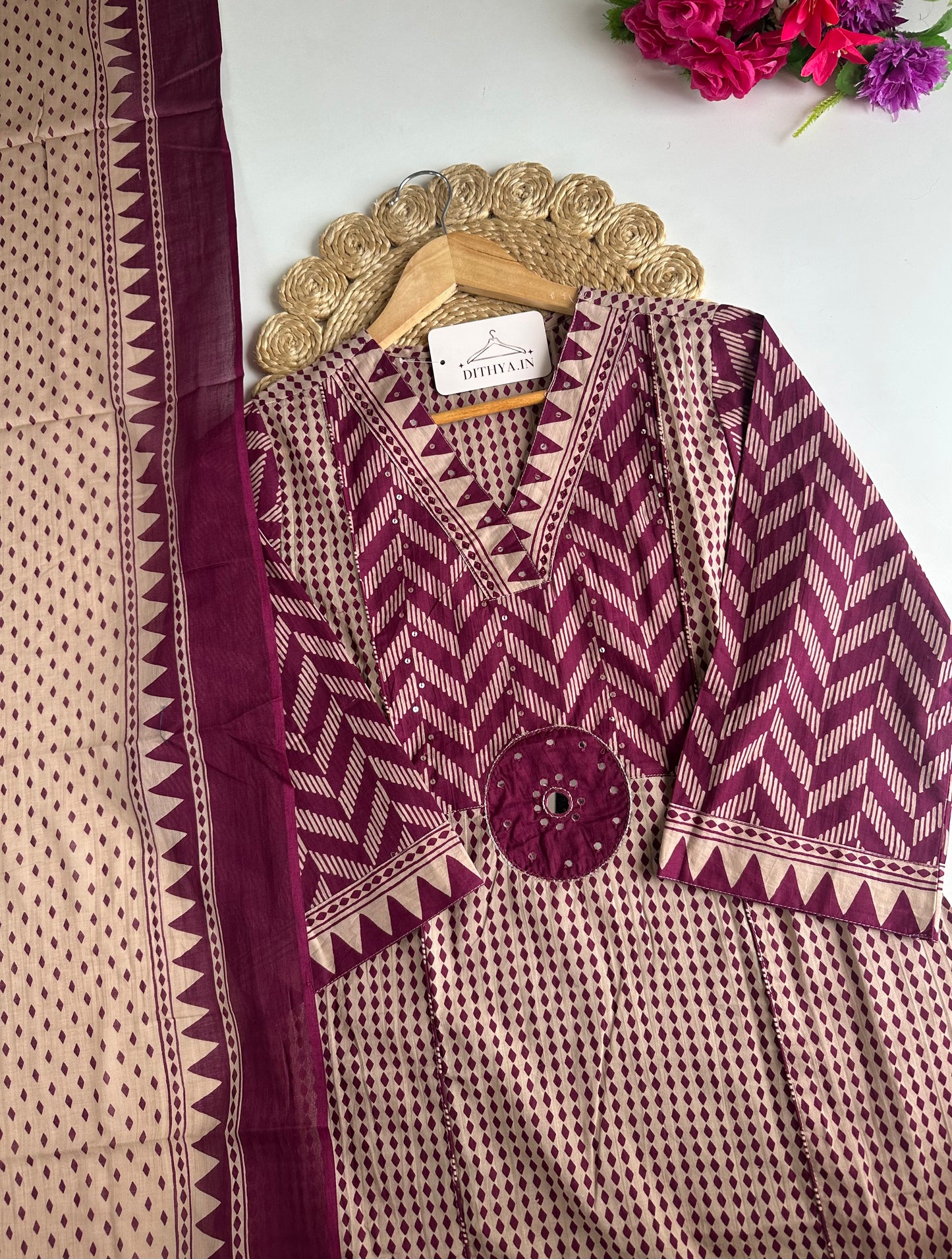 K717 - Mul cotton embroidered Aline Kurti with pants and dupatta